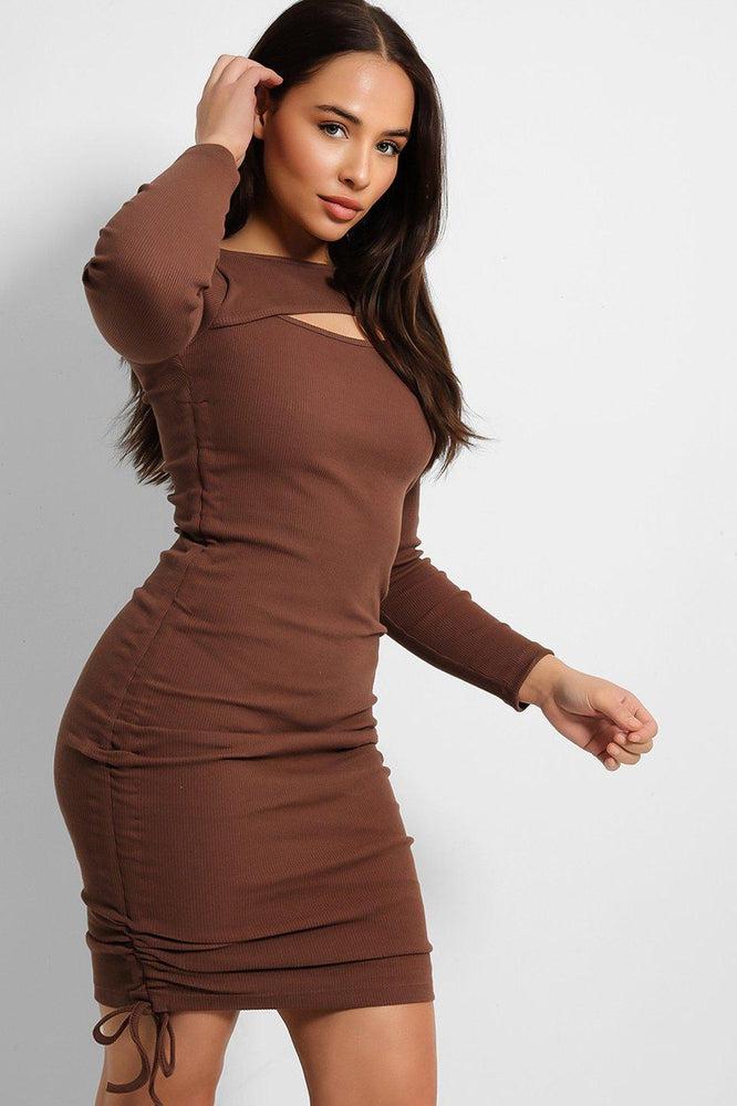 Cut Out Neckline Drawstring Sides Bodycon Dress-SinglePrice