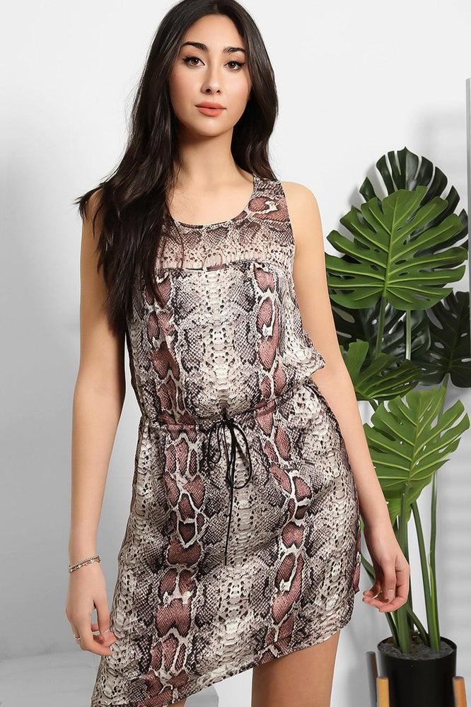 Grey Pink Phyton Print Drawstring Waist Dress-SinglePrice