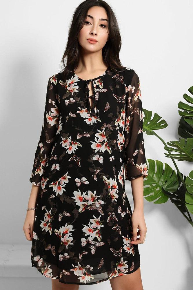 Black Sheer Floral Chiffon Dress-SinglePrice