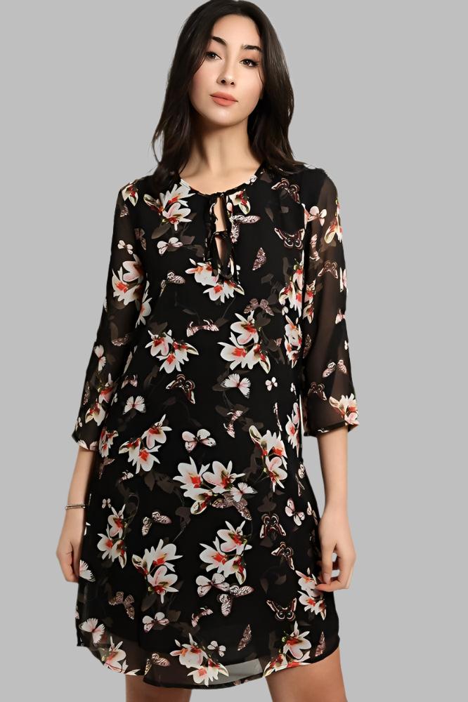 Black Sheer Floral Chiffon Dress-SinglePrice