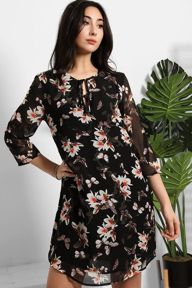 Black Sheer Floral Chiffon Dress-SinglePrice