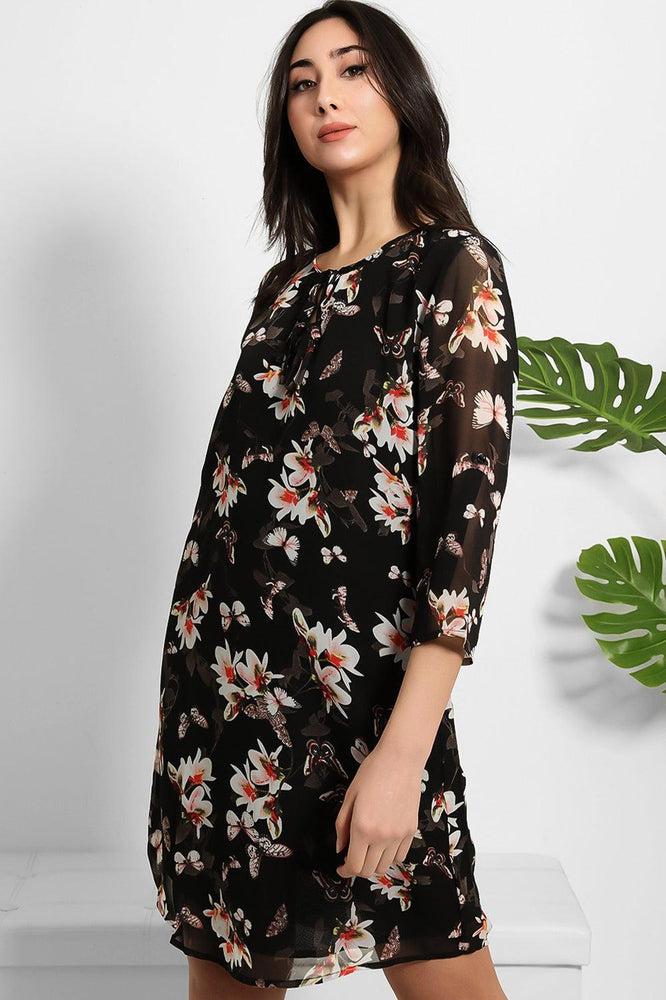 Black Sheer Floral Chiffon Dress-SinglePrice