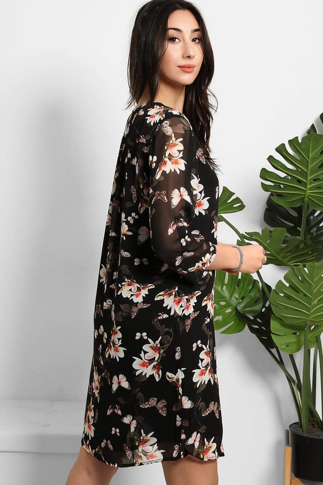 Black Sheer Floral Chiffon Dress-SinglePrice