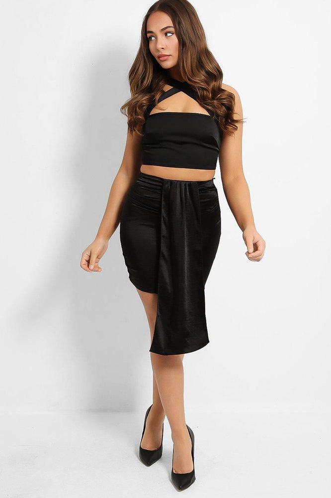 Black Crushed Satin Drape Detail Mini Skirt-SinglePrice