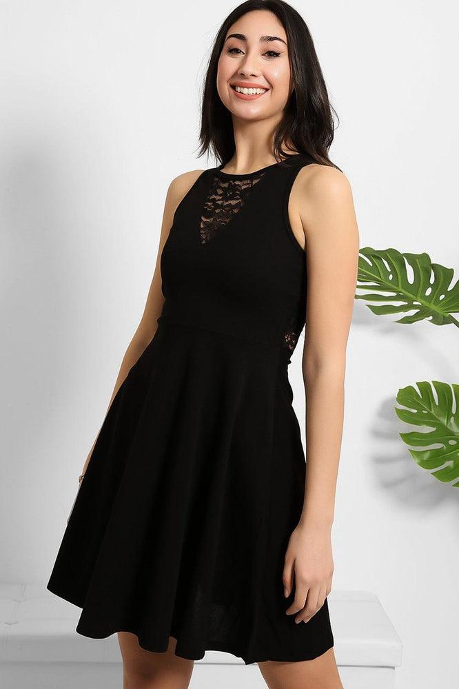 Black Lace Details Sleeveless Skater Dress-SinglePrice