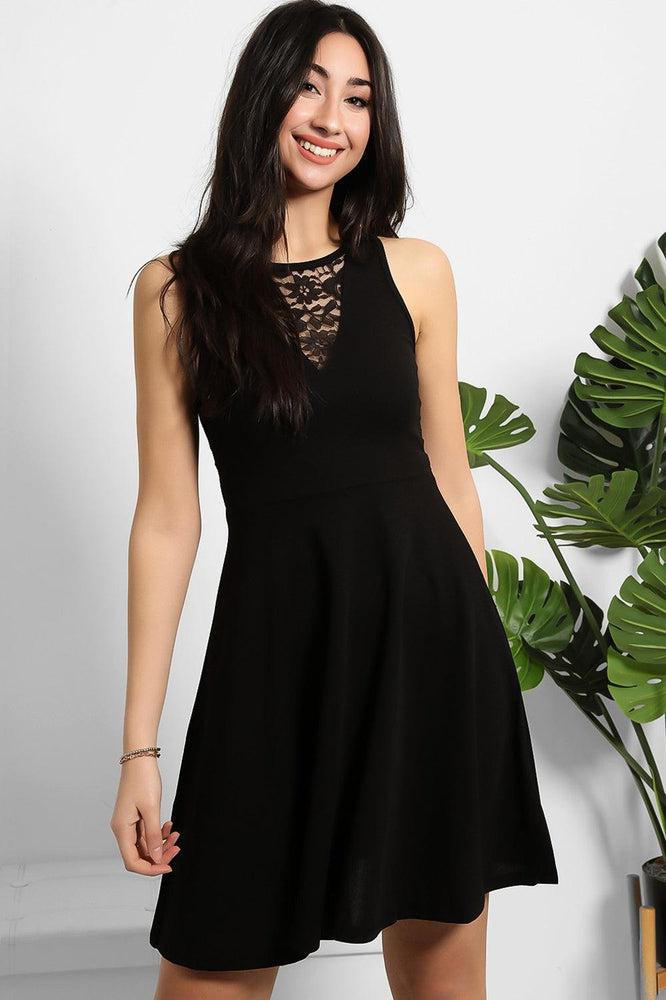 Black Lace Details Sleeveless Skater Dress-SinglePrice