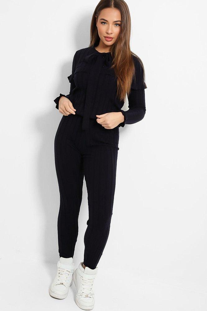 Navy Pussy-Bow And Frill Details Large Rib Knit Lounge Set-SinglePrice