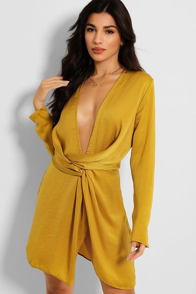 Mustard Crushed Satin Plunge Neckline Twist Front Mini Dress-SinglePrice