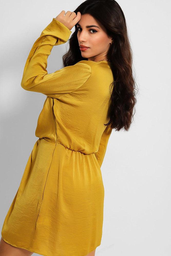 Mustard Crushed Satin Plunge Neckline Twist Front Mini Dress-SinglePrice