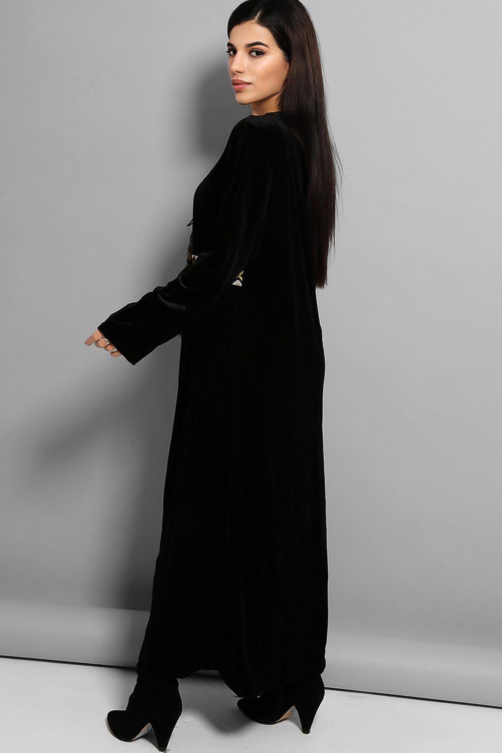 Black Embroidered Panel Velvet Kaftan-SinglePrice