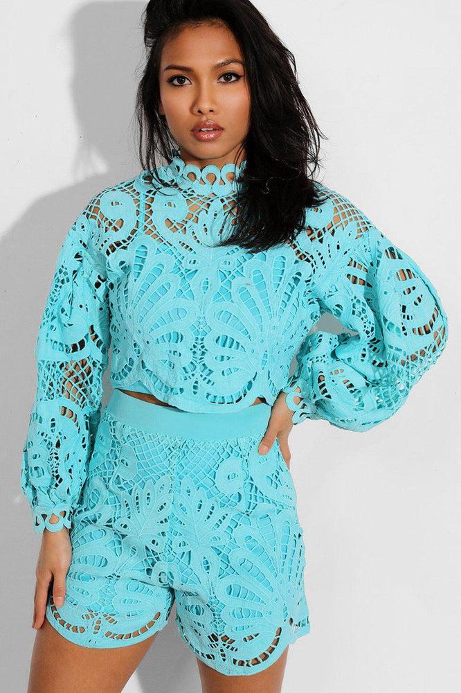 Blue Crochet Lace Overlay Balloon Sleeves Crop Top And Shorts Set-SinglePrice
