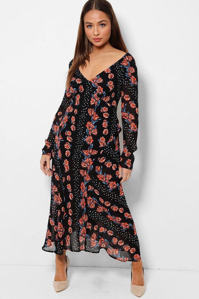 Floral Print Black V-Neck Chiffon Maxi Dress-SinglePrice