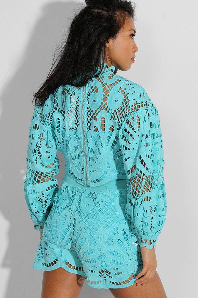 Blue Crochet Lace Overlay Balloon Sleeves Crop Top And Shorts Set-SinglePrice