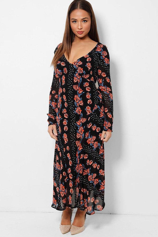 Floral Print Black V-Neck Chiffon Maxi Dress-SinglePrice