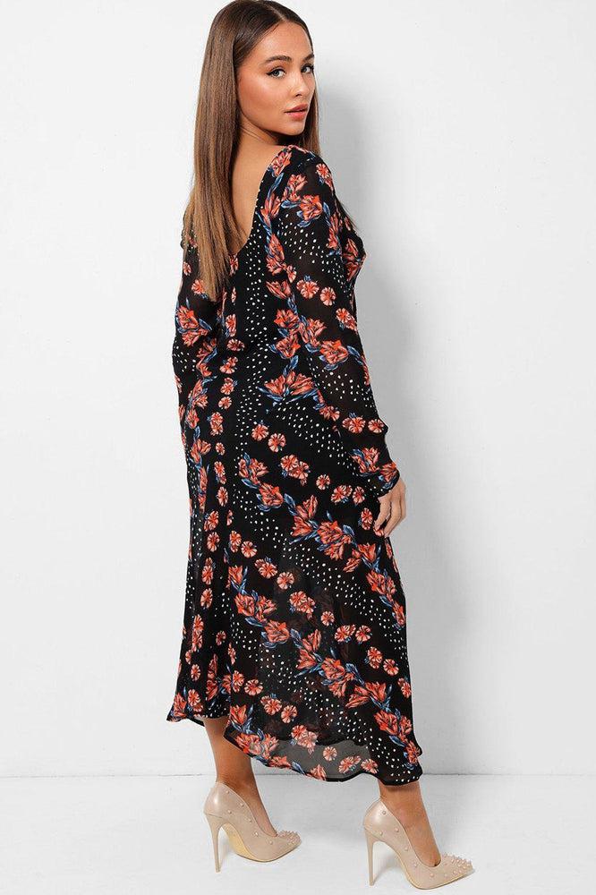 Floral Print Black V-Neck Chiffon Maxi Dress-SinglePrice