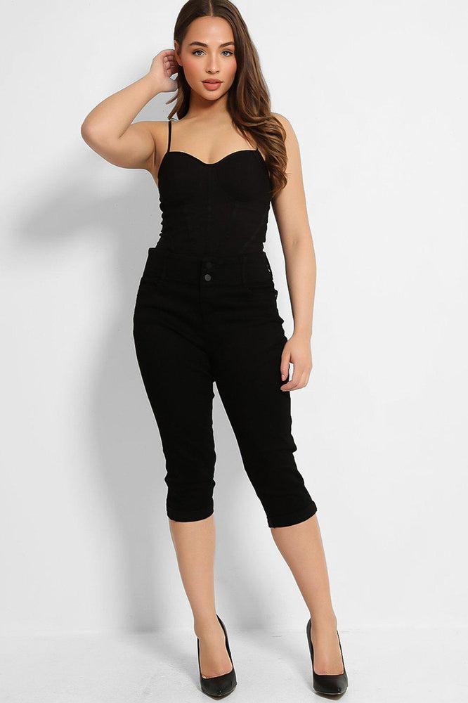 Black Buttons Front High-Rise Denim Midi Shorts-SinglePrice