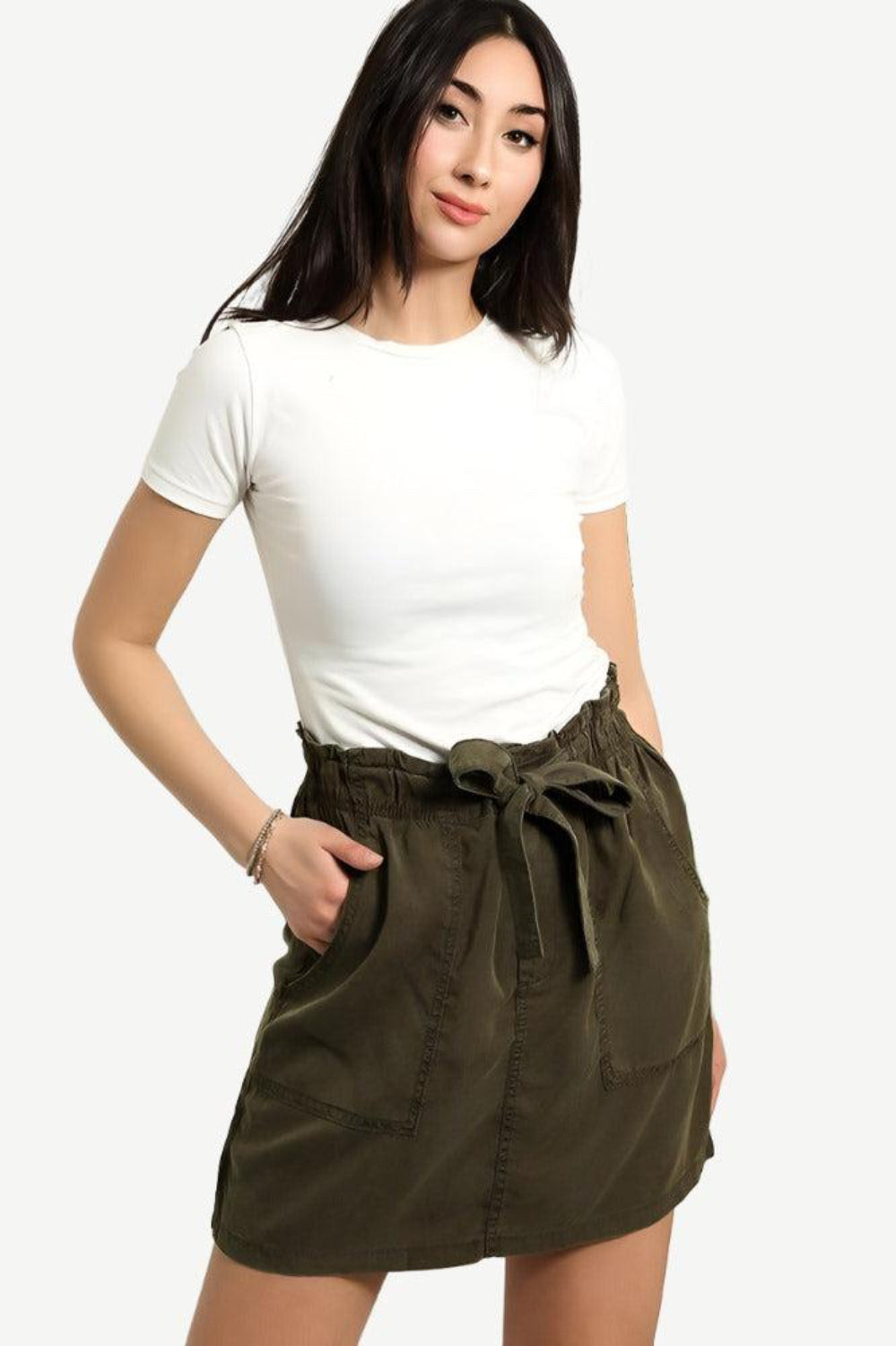 Khaki Belted Skirt With Pockets-SinglePrice