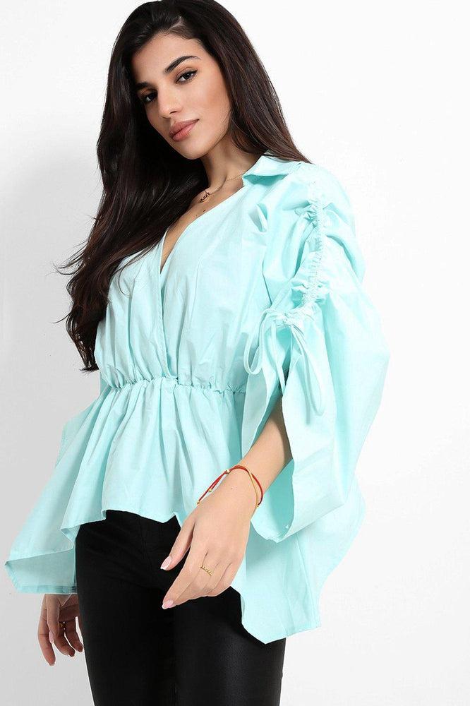 Exaggerated Drawstring Sleeves Peplum Blouse-SinglePrice