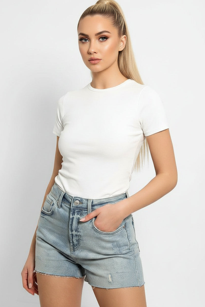 Denim Sky Blue Distressed Raw Hem Shorts-SinglePrice