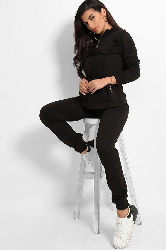 Black Frilled Drawstring Waist Tracksuit-SinglePrice