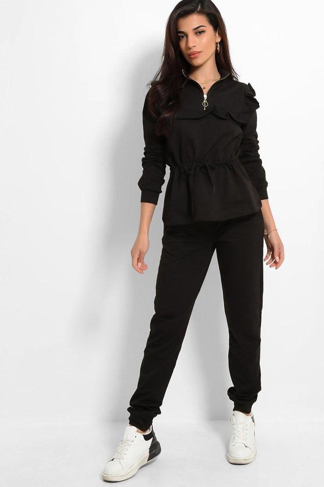 Black Frilled Drawstring Waist Tracksuit-SinglePrice