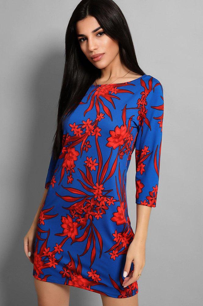 Royal Blue Red Floral Print Shift Mini Dress-SinglePrice