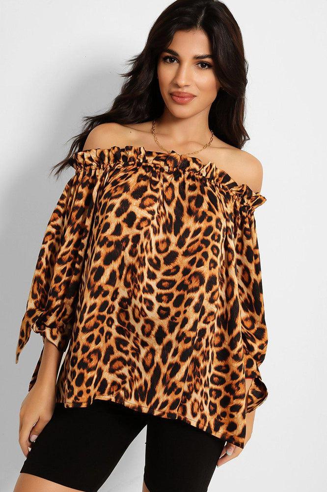 Brown Leopard Print Elastic Off Shoulder Top-SinglePrice