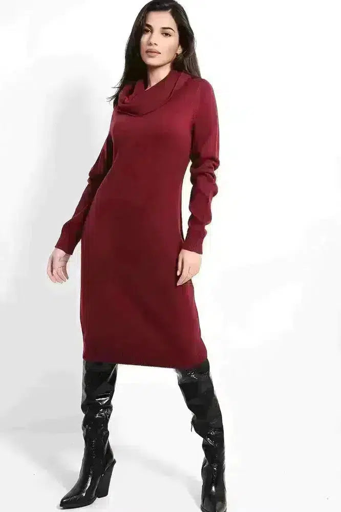 High Cowl Neck Midi Knitted Dress-SinglePrice