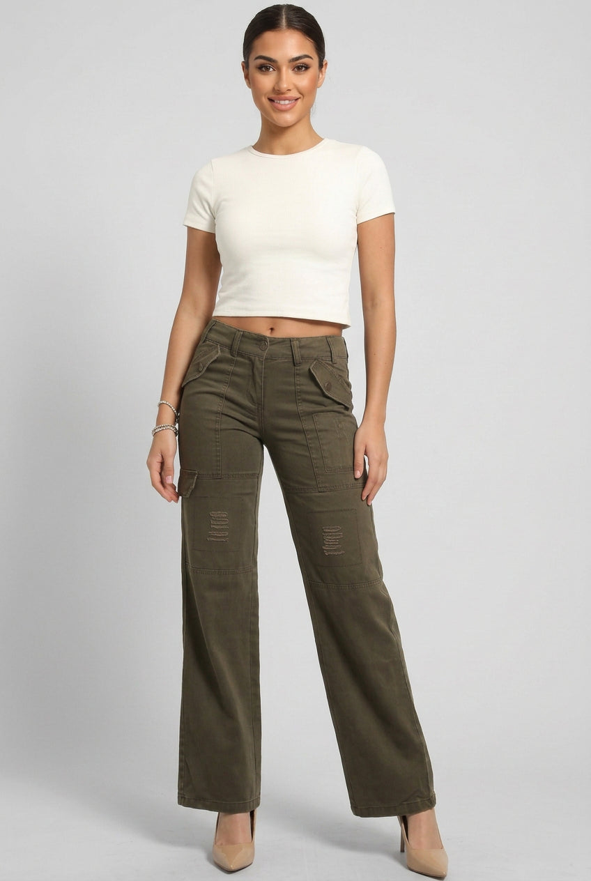 Distressed Pockets Heavy Duty Cargo Trousers-SinglePrice
