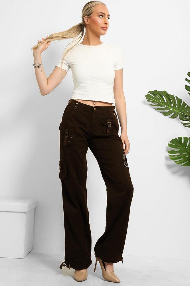 Floral Embroidery To Side Cargo Trousers-SinglePrice