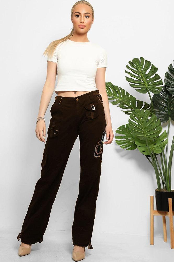 Floral Embroidery To Side Cargo Trousers-SinglePrice