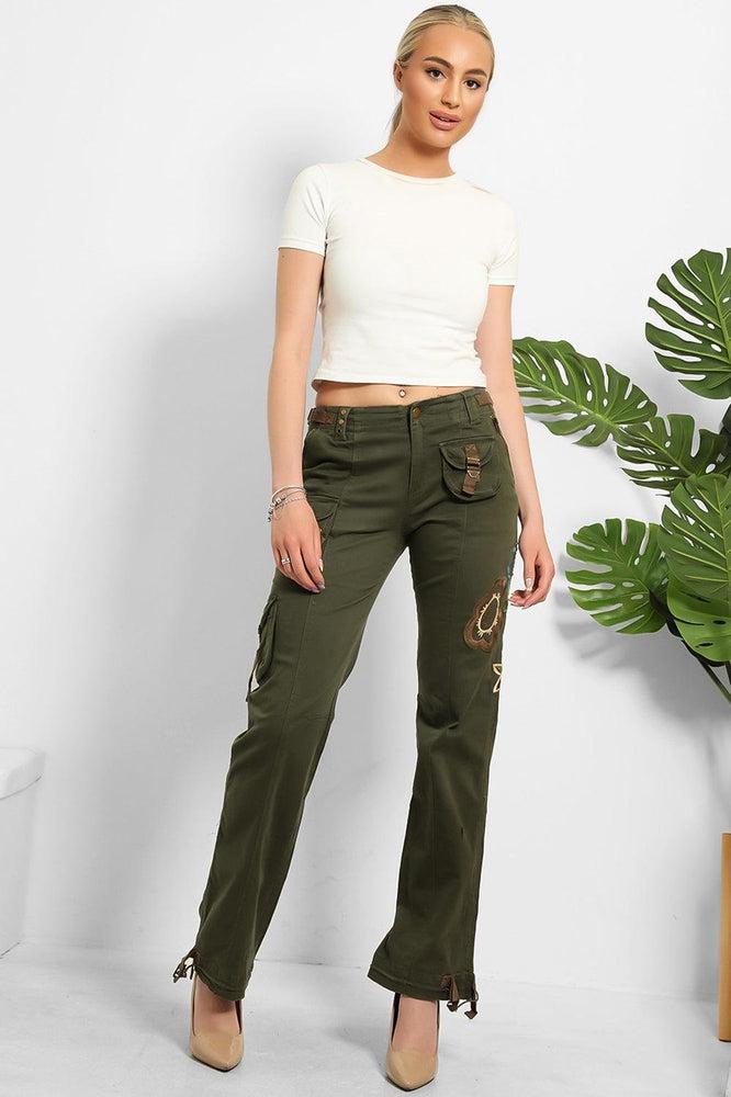 Floral Embroidery To Side Cargo Trousers-SinglePrice