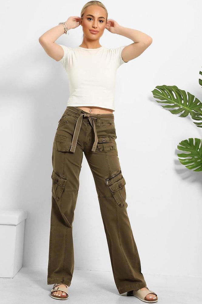 Belted Waistband Utility Pockets Cargo Trousers-SinglePrice