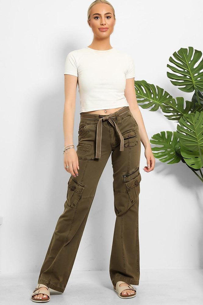 Belted Waistband Utility Pockets Cargo Trousers-SinglePrice