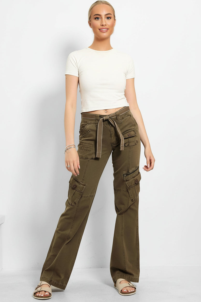 Belted Waistband Utility Pockets Cargo Trousers-SinglePrice