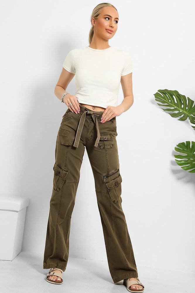 Belted Waistband Utility Pockets Cargo Trousers-SinglePrice