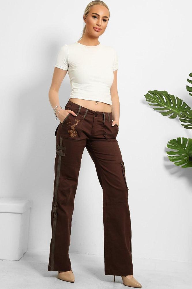 Embroidered Sequinned Detail Cargo Trousers-SinglePrice