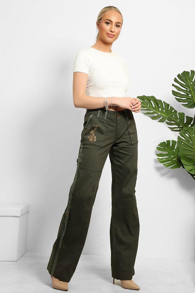 Embroidered Sequinned Detail Cargo Trousers-SinglePrice