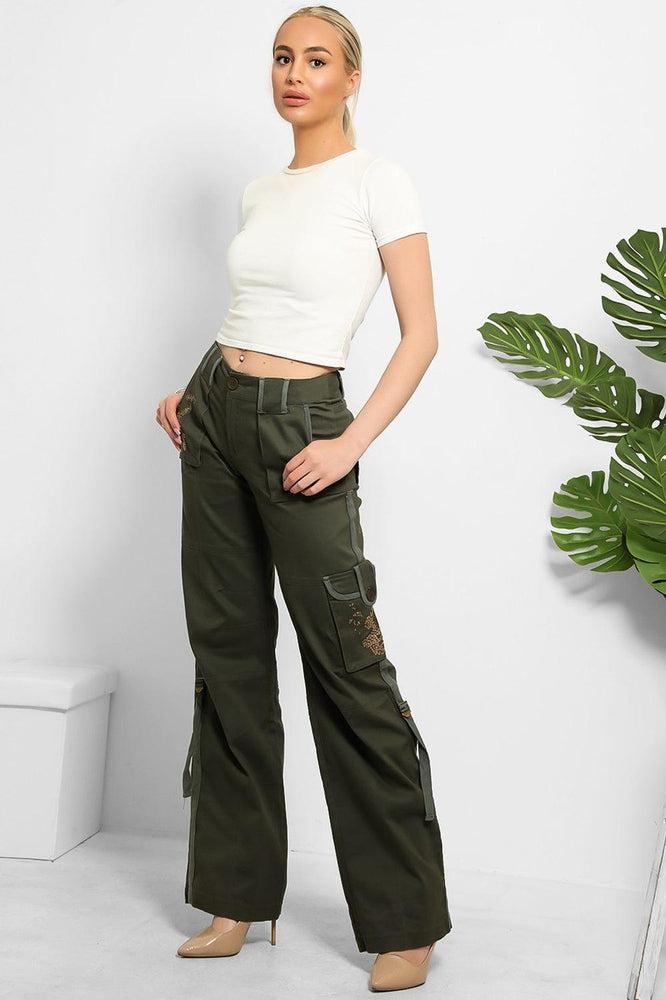 Embroidered Sequinned Detail Cargo Trousers-SinglePrice