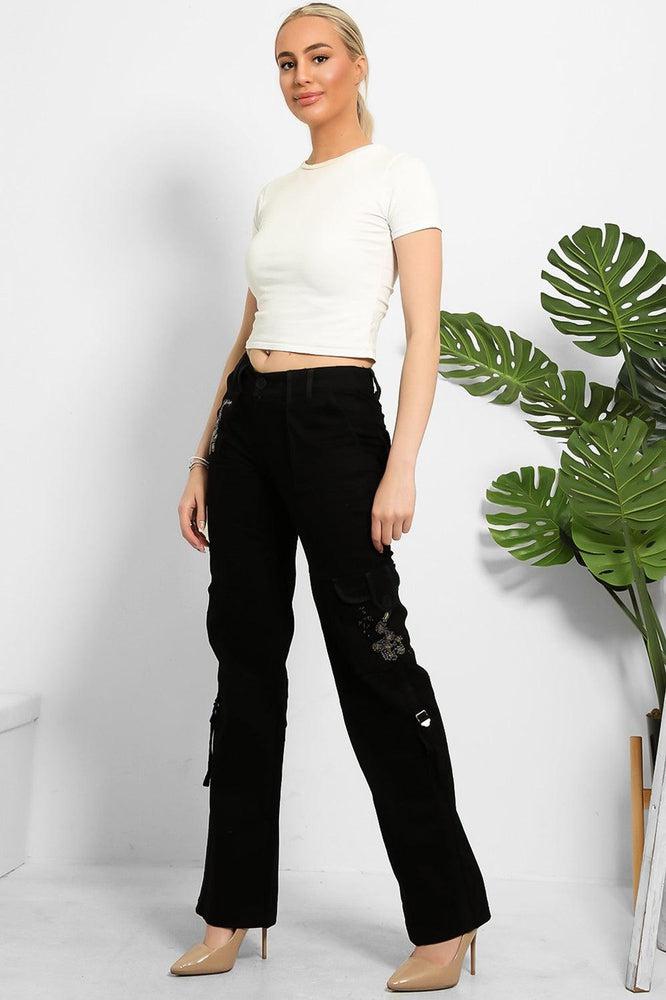 Embroidered Sequinned Detail Cargo Trousers-SinglePrice