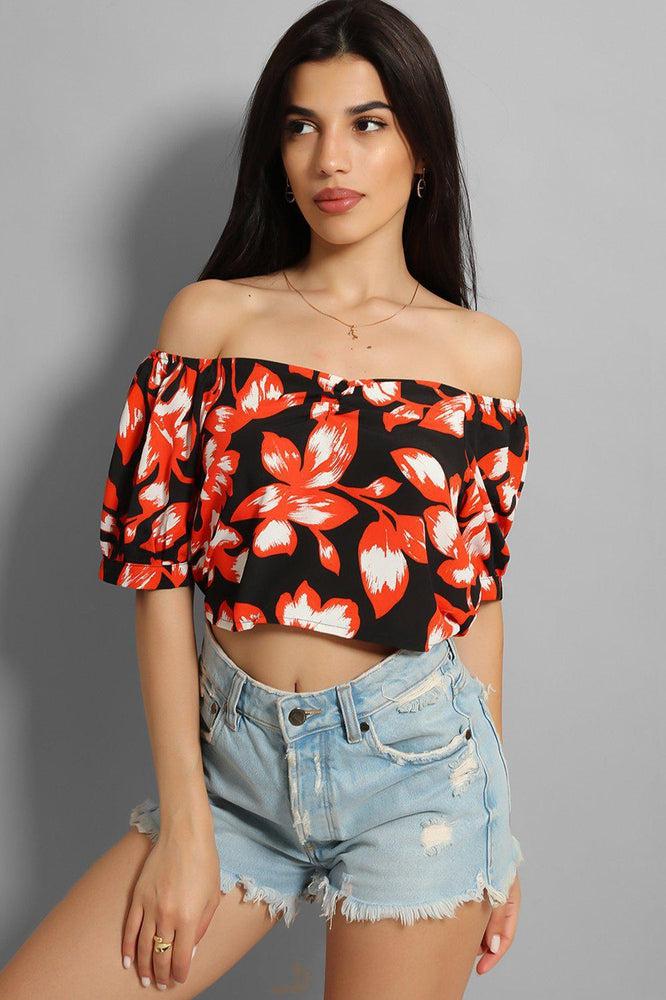 Black Red Leaves Print Crop Top-SinglePrice