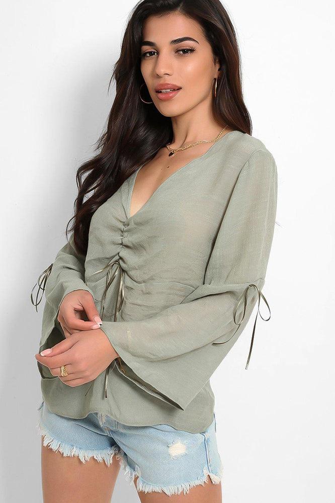 Bleached Khaki Drawstring Details Bell Sleeves Top-SinglePrice