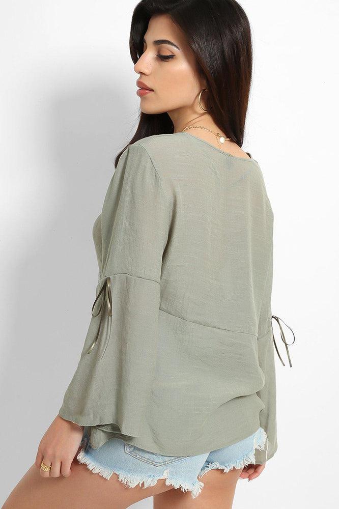 Bleached Khaki Drawstring Details Bell Sleeves Top-SinglePrice