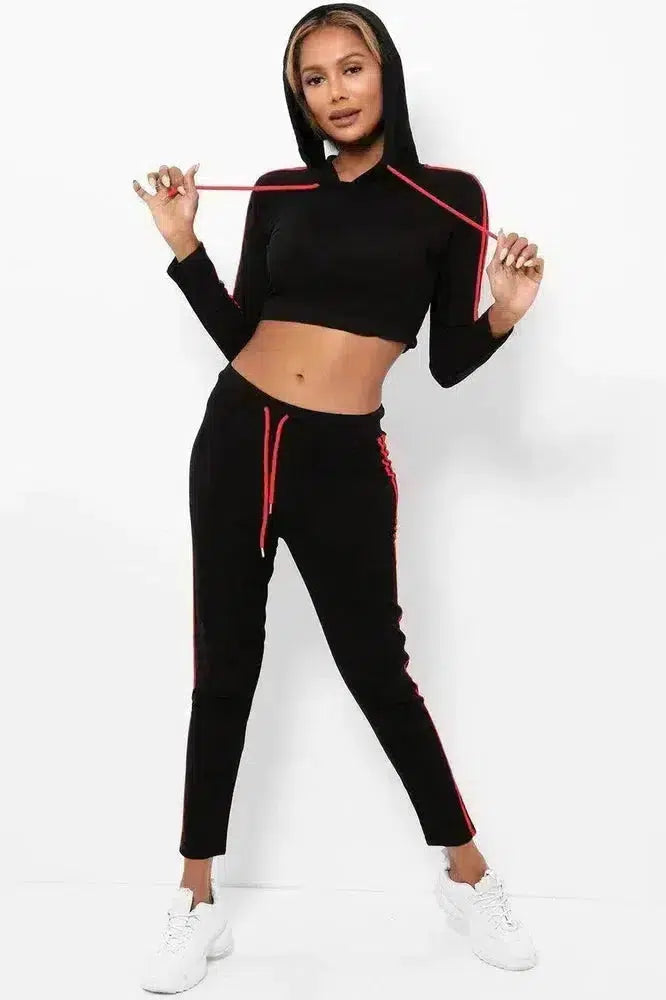 Double Red Stripe Cropped Hoodie Black 2 Piece Tracksuit-SinglePrice