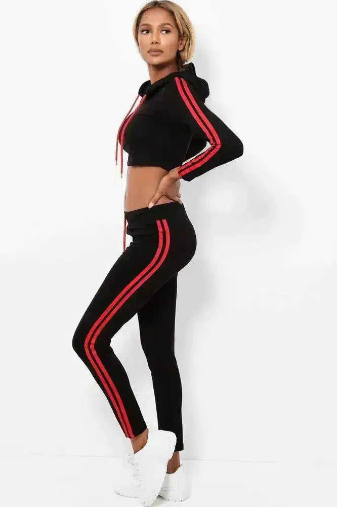 Double Red Stripe Cropped Hoodie Black 2 Piece Tracksuit-SinglePrice