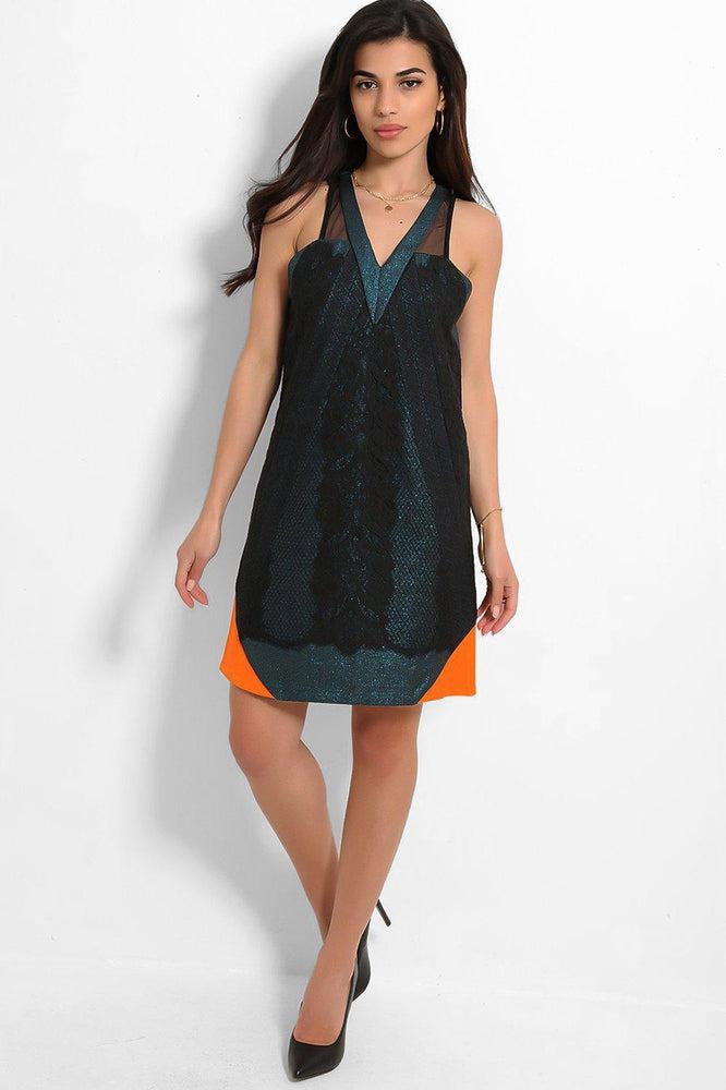 Blue Glitter Jacquard Orange Details V-Neck Shift Dress-SinglePrice