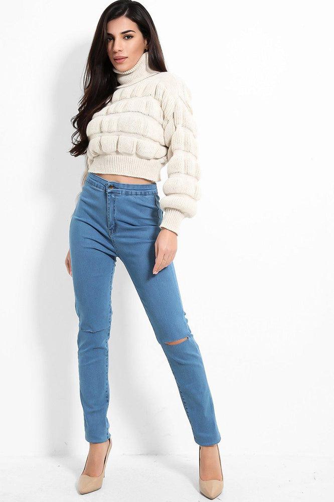 Slashed Knee High Waist Jeans-SinglePrice