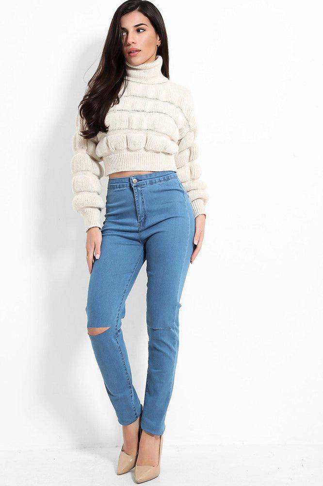 Slashed Knee High Waist Jeans-SinglePrice