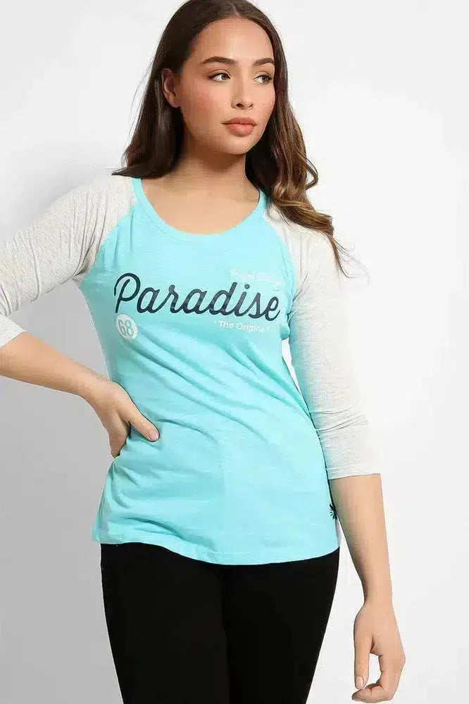 Sky Blue Contrast Sleeve Paradise T-Shirt-SinglePrice