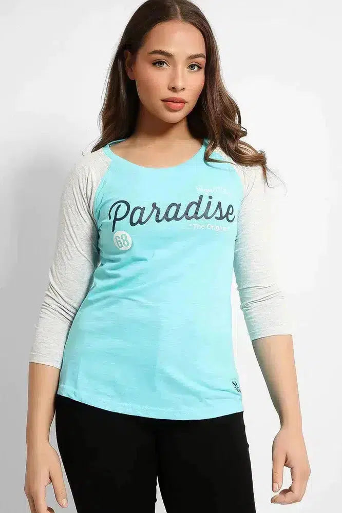 Sky Blue Contrast Sleeve Paradise T-Shirt-SinglePrice